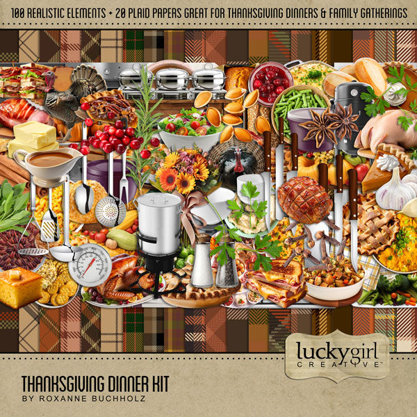 Accent your Thanksgiving greeting cards and traditional holiday pages with these yummy and realistic embellishments and pretty plaid papers by Lucky Girl Creative digital art for digital scrapbooking. Great for the Thanksgiving holiday, family dinners, fall, autumn, and even cooking and baking!