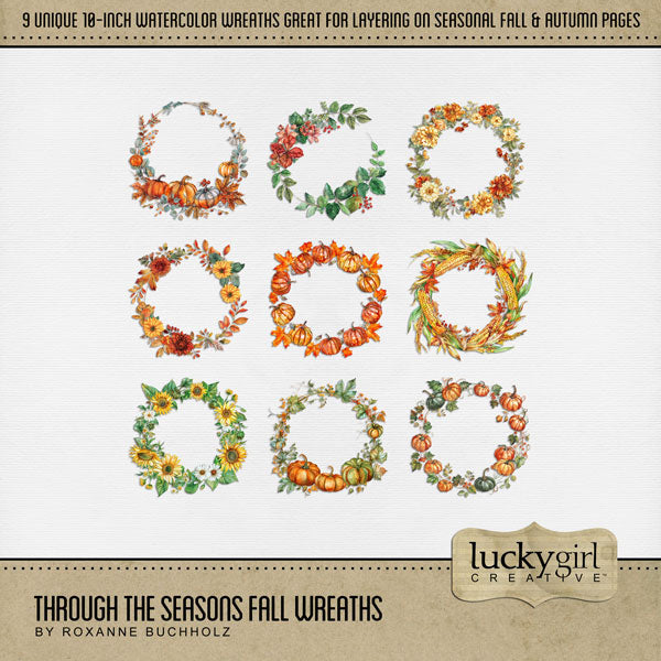 Add these beautiful digital scrapbooking watercolor wreaths by Lucky Girl Creative digital art to all your fall and autumn digital scrapbooking pages, albums, Thanksgiving holiday greeting cards, and harvest wall decor! Each wreath is 10" wide but can be re-sized to fit your project. TIP: Try layering the various wreaths to create a new look every time. Add photos and additional embellishments for a stunning page layout! This kit is included in the Through the Seasons Wreaths Bundle.