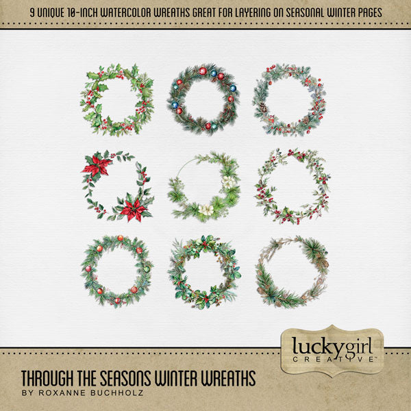 Add these beautiful watercolor digital scrapbooking wreaths by Lucky Girl Creative digital art to all your Christmas and winter digital scrapbooking pages, albums, holiday greeting cards, and wall decor! Each wreath is 10" wide but can be re-sized to fit your project. TIP: Try layering the various wreaths to create a new look every time. Add photos and additional embellishments for a stunning page layout! This kit is included in the Through the Seasons Wreaths Bundle.
