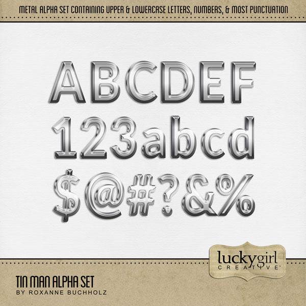Showcase your family memories with this versatile silver metal digital alpha set by Lucky Girl Creative. Perfect for Halloween, cars and garages, sports, and everyday activities. The entire collection is inspired by the Wizard of Oz with an Over the Rainbow theme. The Tin Man Alpha Set consists of a full set of digital art uppercase letters, lowercase letters, numbers 0-9, and most punctuation marks. This alpha set is available as individual embellishments only.