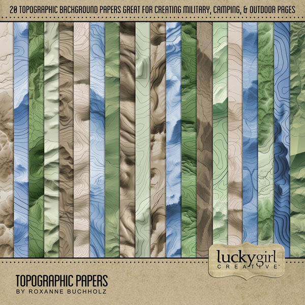 This digital scrapbooking background paper kit by Lucky Girl Creative digital art is packed with action and adventure. Perfect for honoring the Armed Forces, Veteran's Day, Independence Day, 4th of July, and other patriotic and freedom ceremonies. The collection was inspired by all branches of the military including Army, Navy, Air Force, Marines, Coast Guard, and Space Force. Can also be used for camping, hiking, and outdoor and nature pages. This kit is included in the Military Watercolor Bundle.