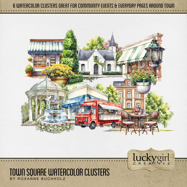 Town Square Watercolor Digital Scrapbook Bundle