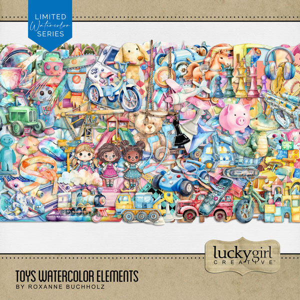 Toys, toys, toys! Have fun documenting your favorite childhood memories with these fun watercolor toy embellishments by Lucky Girl Creative digital art. Great for boys or girls - from baby, toddler, child, tween, and teen! Embellishments include airplane, plane, pet, gecko, lizard, arcade game, watercolor paint, artist, canvas, astronaut, ribbon, award, prize, baby carriage, backpack, bean bag chair, bicycle, tricycle, bike, blocks, chess, game board pieces, board game, bounce house, castle, and more.