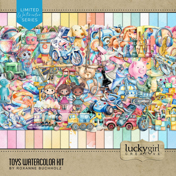 Toys, toys, toys! Have fun documenting your favorite childhood memories with these fun watercolor toy embellishments and pretty papers by Lucky Girl Creative digital art. Great for boys or girls - from baby, toddler, child, tween, and teen! Embellishments include airplane, plane, pet, gecko, lizard, arcade game, watercolor paint, artist, canvas, astronaut, ribbon, award, prize, baby carriage, backpack, bean bag chair, bicycle, tricycle, bike, blocks, chess pieces, board game, bounce house, and more.