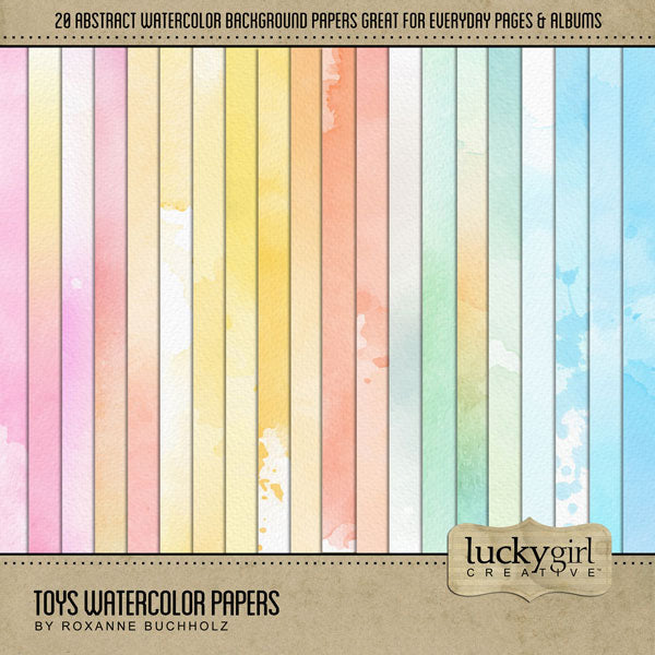 Add these beautiful watercolor background papers by Lucky Girl Creative digital art to all your digital scrapbooking pages and mix-and-match them on various projects throughout the year. Colors include pink, orange, yellow, green, and blue. This kit is included in the Toys Watercolor Kit.