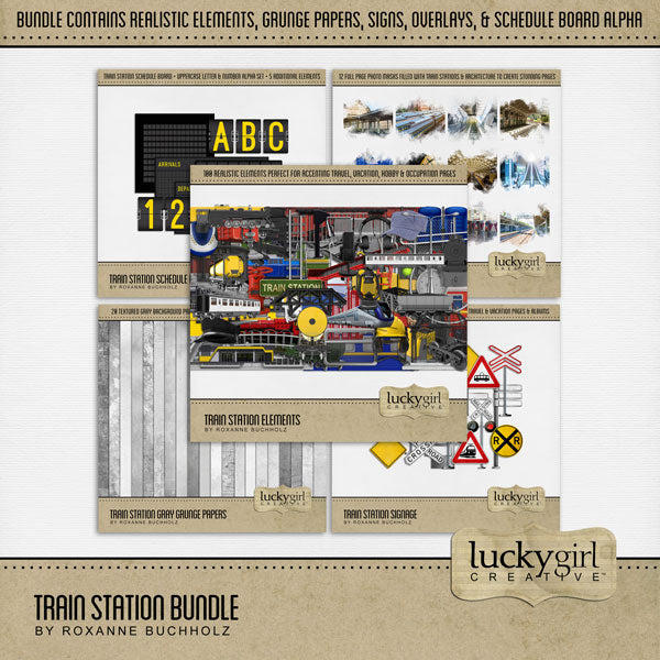 Choo-Choo! These fun digital scrapbooking embellishments by Lucky Girl Creative digital art are your ticket to ride on any page featuring train travel, railroad adventures, subway, tram, cable car, metro, and locomotive museums.