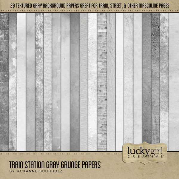 Choo-Choo! These grunge digital scrapbooking papers by Lucky Girl Creative are your ticket to ride on any page featuring train travel, railroad adventures, subway, tram, cable car, metro, and locomotive museums. Great for everyday pages and scrapbook albums, too!