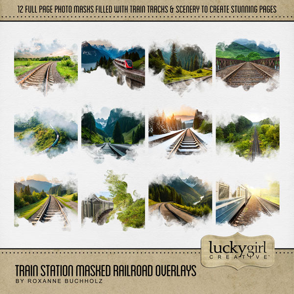 These beautiful and realistic masked photo overlays with transparent edges by Lucky Girl Creative digital art blend seamlessly into any background paper and make the perfect backdrop for any page featuring train travel, railroad adventures, subway, tram, cable car, metro, and locomotive museums.