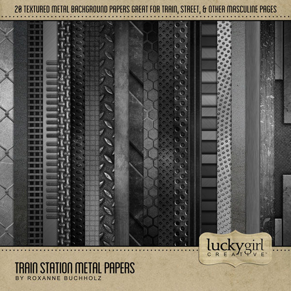 Choo-Choo! These fun digital scrapbooking papers by Lucky Girl Creative digital art are your ticket to ride on any page featuring train travel, railroad adventures, subway, tram, cable car, metro, and locomotive museums. Masculine black and silver grunge papers include 20 various textures.