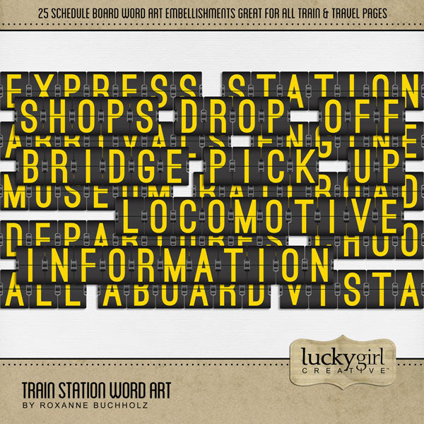 Choo-Choo! These fun digital art embellishments are your ticket to ride on any page featuring train travel, railroad adventures, subway, tram, cable car, metro, and locomotive museums Word art includes All Aboard, Arrivals, Bridge, Choo, Chugga, Departures, Drop Off, Engine, Express, Information, Locomotive, Metro, Monorail, Museum, Pick Up, Platform, Railroad, Shops, Station, Steam, Ticket, Tracks, Train, Tunnel, and Vista.