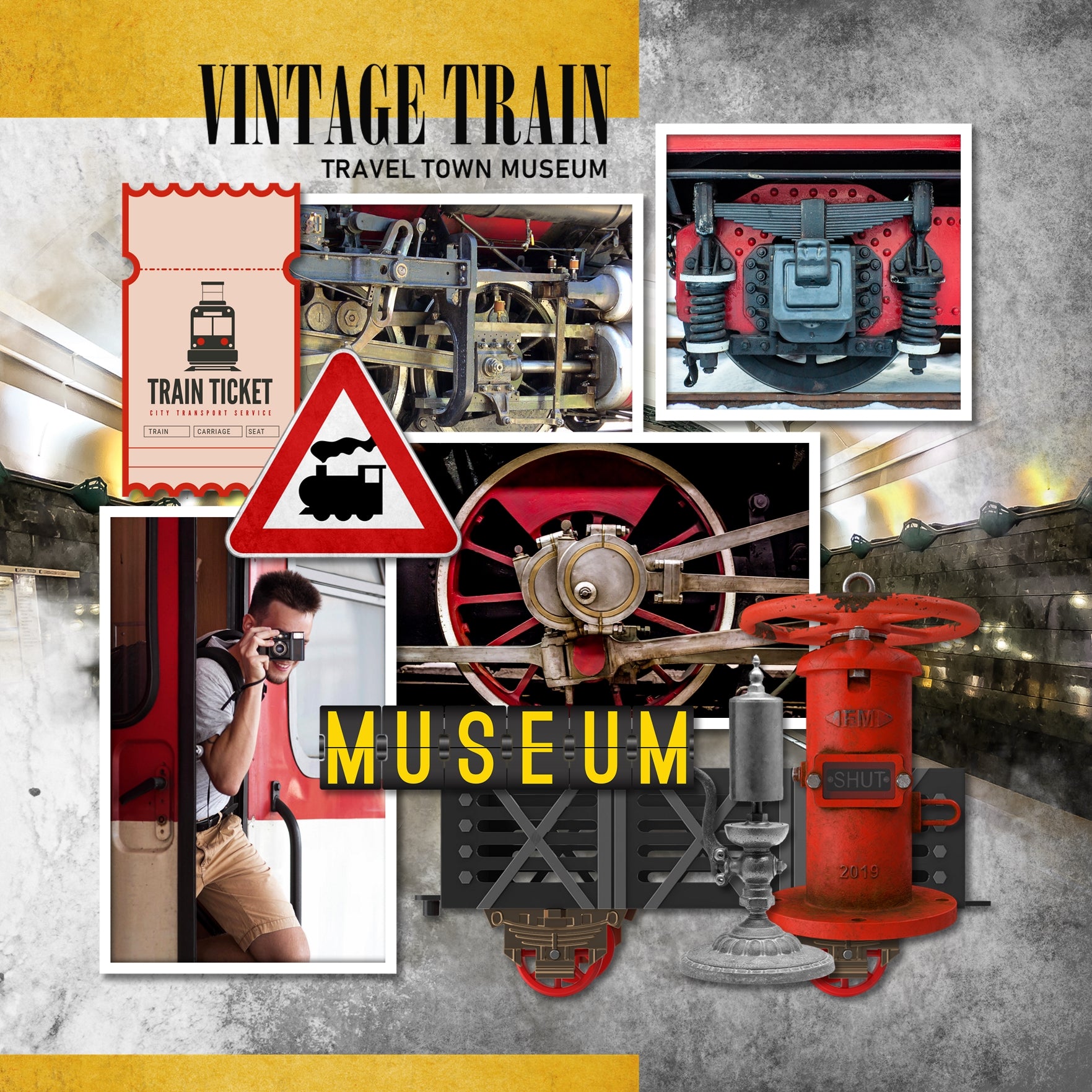 Choo-Choo! These fun digital scrapbooking embellishments by Lucky Girl Creative digital art are your ticket to ride on any page featuring train travel, railroad adventures, subway, tram, cable car, metro, and locomotive museums. Embellishments include chain link fence, barrier, handrail, turnstile, bridge, building, train station, caboose, engine, conductor cap, hat, open carrier, coal car, forklift, container, steam engine, engineer headset, and more.