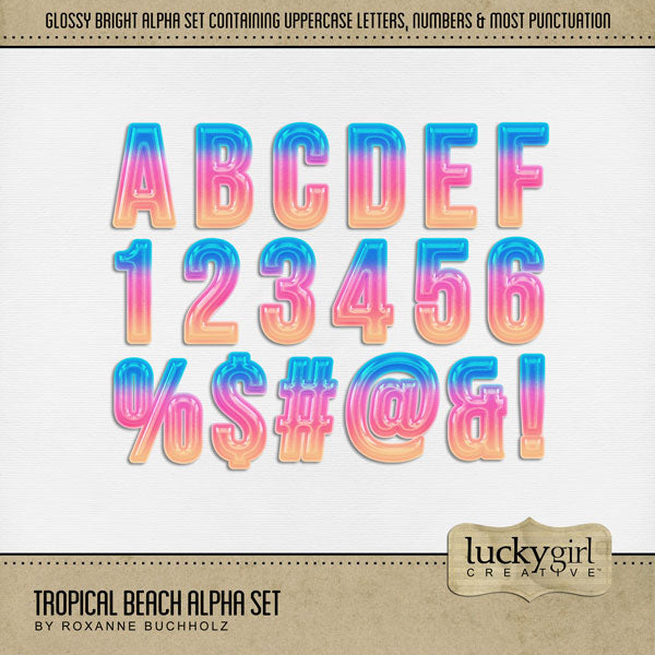 Add these beautiful bright ombre alphabet letters, numbers, and most punctuation by Lucky Girl Creative digital art to all your digital scrapbooking pages. Great for all your summer, beach, and other tropical vacations. The Tropical Beach Alpha consists of a full set of digital art uppercase alphabet letters A-Z, numbers 0-9, and most punctuation. This alpha set is available as individual embellishments only. This kit is NOT included in any bundle.
