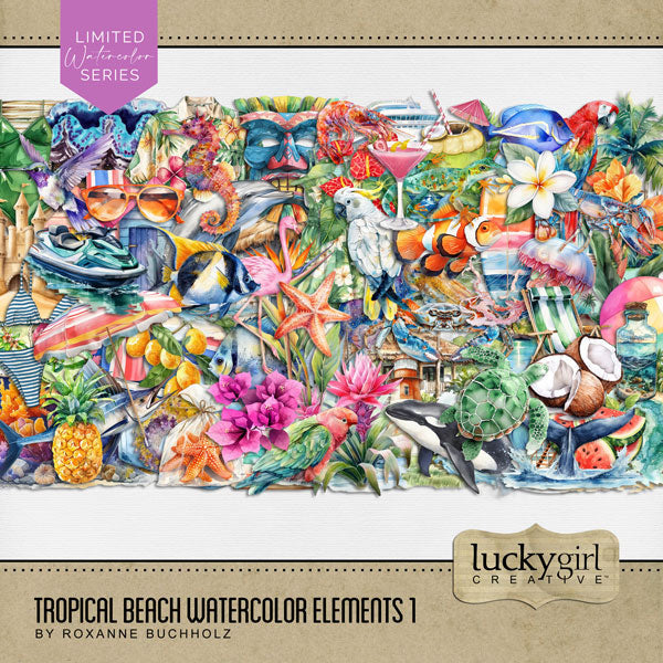 Add these beautiful and bright tropical watercolor embellishments by Lucky Girl Creative digital art to all your digital scrapbooking pages. Great for all your summer, beach, ocean, island, and other tropical vacations to destinations such as Hawaii and the Caribbean. Embellishments include flamingo, bird, Cockatoo, parrot, giant clam, crab, octopus, squid, dolphin, swordfish, billfish, fish, jellyfish, lobster, lizard, sea turtle, seahorse, shrimp, starfish, orca, whale tail, beach bag, and more.
