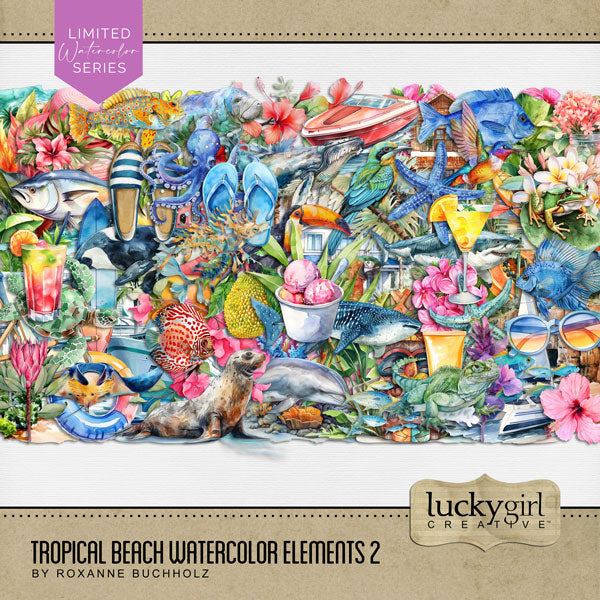 Add these beautiful and bright tropical watercolor embellishments by Lucky Girl Creative digital art to all your digital scrapbooking pages. Great for all your summer, beach, ocean, island, and other tropical vacations to destinations such as Hawaii and the Caribbean. Embellishments include hummingbird, parrot, bird, toucan, dolphin, fish, frog, manatee, manta ray, octopus, lizard, iguana, sea turtle, sea dragon, seal, sealion, shark, starfish, whale, orca, whale shark, tiki hut, bar, beach chair, and more.