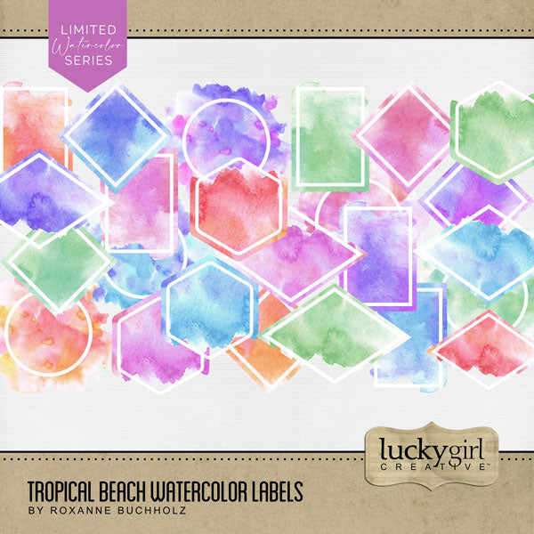 Add these beautiful bright watercolor labels to all your digital scrapbooking pages giving you room to journal your memories. Great for all your summer, beach, and other tropical vacations. Colors include peach, orange, purple, blue, green, and pink in shapes of rectangle, circle, diamond, and hexagon. This kit is NOT included in any bundle.