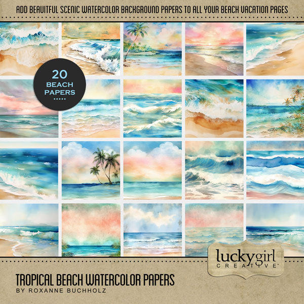 Add these beautiful watercolor beach landscape background papers by Lucky Girl Creative digital art to all your digital scrapbooking pages. Great for all your summer, beach, island, and other tropical vacations. Great for all your summer, beach, and other tropical vacations. This kit is NOT included in any bundle.