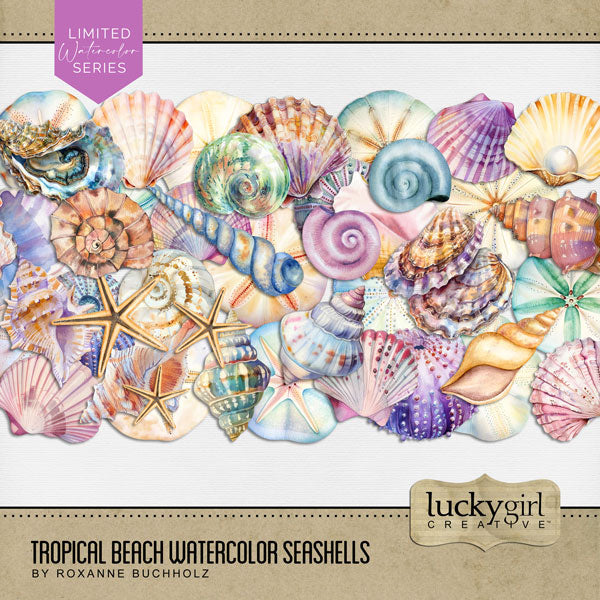 Add these beautiful bright watercolor seashells by Lucky Girl Creative digital art to all your digital scrapbooking pages. Great for all your summer, beach, ocean, island, and other tropical vacations to destinations such as Hawaii and the Caribbean. Colors include peach, orange, purple, blue, green, yellow, and pink. This kit is NOT included in any bundle.