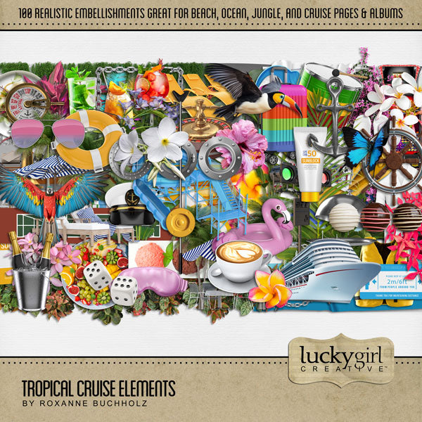 Highlight your tropical vacation and cruise ship memories with these beautiful realistic embellishments by Lucky Girl Creative. Great for holidays to Hawaii, the Caribbean, Florida, California, cruise ship adventures, and beach vacations.
