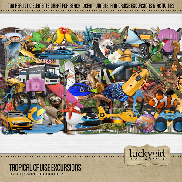 Highlight your tropical vacation and cruise ship excursion memories with these beautiful realistic embellishments by Lucky Girl Creative. Great for holidays to Hawaii, the Caribbean, Florida, California, cruise ship adventures, and beach vacations.