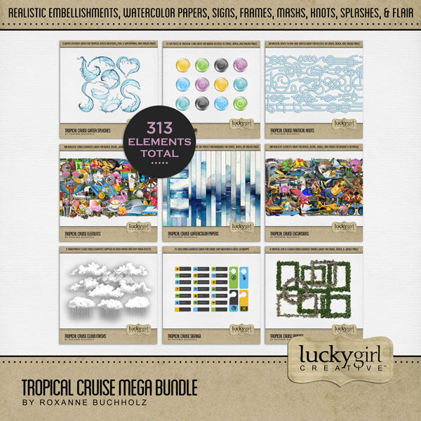 Highlight your tropical vacation and cruise ship memories with these beautiful realistic digital embellishments, watercolor papers, frames, water splashes, signage, and more by Lucky Girl Creative. Great for holidays to Hawaii, the Caribbean, Florida, California, cruise ship adventures, and beach vacations.