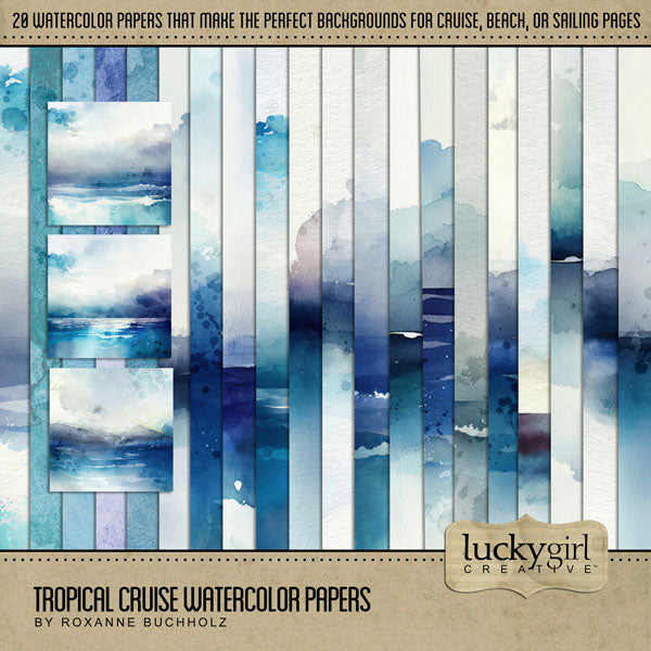 Highlight your tropical vacation and cruise ship memories with these beautiful watercolor digital papers featuring beach, sea, and ocean backgrounds by Lucky Girl Creative. Great for holidays to Hawaii, the Caribbean, Florida, California, cruise ship adventures, and beach vacations.