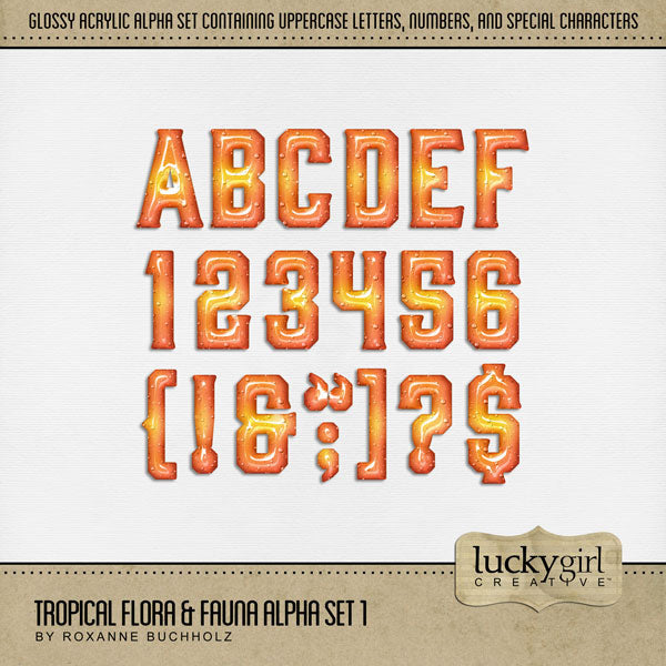 Travel and explore summer with this tropical alpha set by Lucky Girl Creative full of bright orange and yellow glossy alphabet letters, numbers, and punctuation. Perfect for vacation, cruise, and holiday pages. Whether your destination is Hawaii, the Caribbean, Central or South America, the South Pacific, the beach, or the pool, this collection will make your page titles pop!