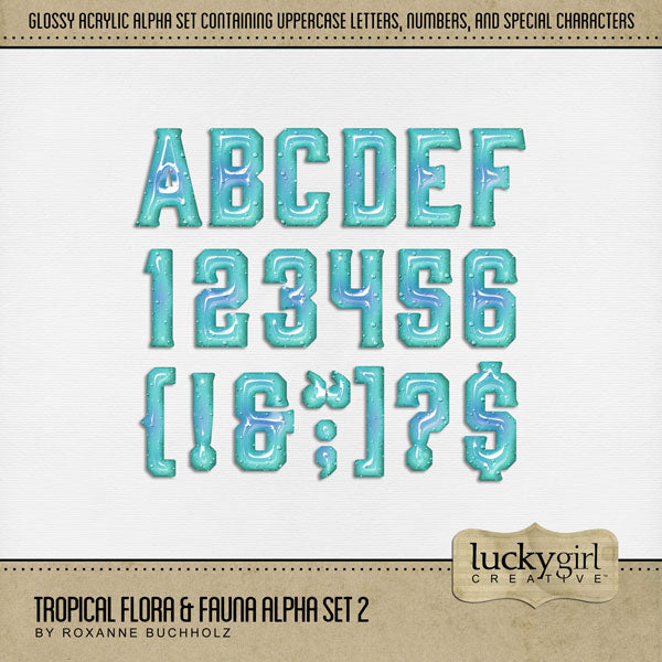Travel and explore summer with this tropical alpha set by Lucky Girl Creative full of bright blue glossy alphabet letters, numbers, and punctuation. Perfect for vacation, cruise, and holiday pages. Whether your destination is Hawaii, the Caribbean, Central or South America, the South Pacific, the beach, or the pool, this collection will make your page titles pop!
