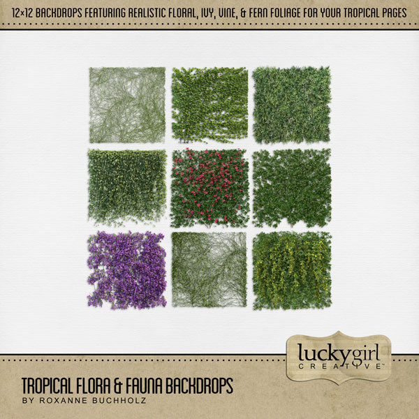 Travel and explore nature with this tropical embellishment kit by Lucky Girl Creative full of 12x12 page greenery backdrops. Perfect for vacation, cruise, and holiday pages. Whether your destination is Hawaii, the Caribbean, Central or South America, the South Pacific, Australia, New Zealand, or California, this collection will make your photos pop off the background.