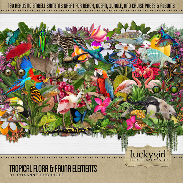 Travel and explore nature with this tropical digital embellishments kit by Lucky Girl Creative filled with brightly colored realistic flora and fauna. Perfect for vacation, cruise, and holiday pages. Whether your destination is Hawaii, the Caribbean, Central or South America, the South Pacific, Australia, New Zealand, the beach, or the pool, this collection will make your pages pop.
