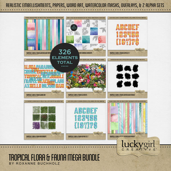 Travel and explore nature with this tropical digital embellishments and papers bundle by Lucky Girl Creative filled with brightly colored realistic flora and fauna plus alpha sets, overlays, masks, word art, and more. Perfect for vacation, cruise, and holiday pages. Whether your destination is Hawaii, the Caribbean, Central or South America, the South Pacific, Australia, New Zealand, the beach, or the pool, this collection will make your pages pop.