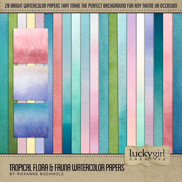 Travel and explore nature with this tropical paper pack by Lucky Girl Creative full of 12x12 brightly colored digital watercolor backgrounds. Perfect for vacation, cruise, and holiday pages. Whether your destination is Hawaii, the Caribbean, Central or South America, the South Pacific, Australia, New Zealand, the beach, or the pool, this collection will make your photos pop.