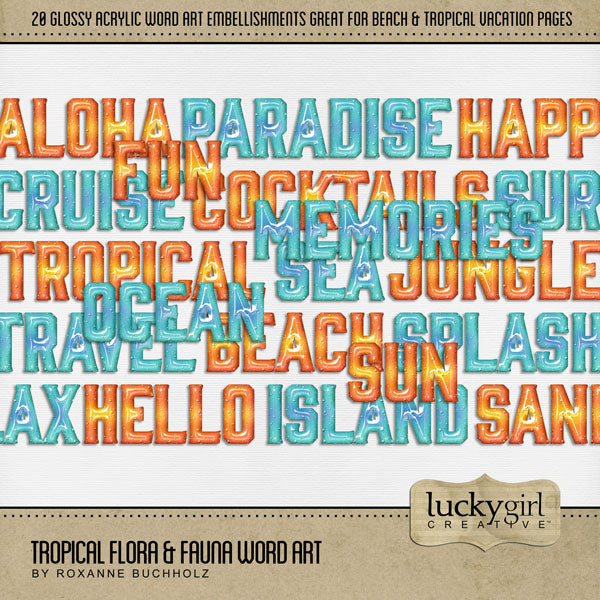 Travel and explore nature with this tropical embellishment kit by Lucky Girl Creative full of memorable summer word art. Perfect for vacation, cruise, and holiday pages. Whether your destination is Hawaii, the Caribbean, Central or South America, the South Pacific, the beach, or the pool, this collection will make your page titles pop!