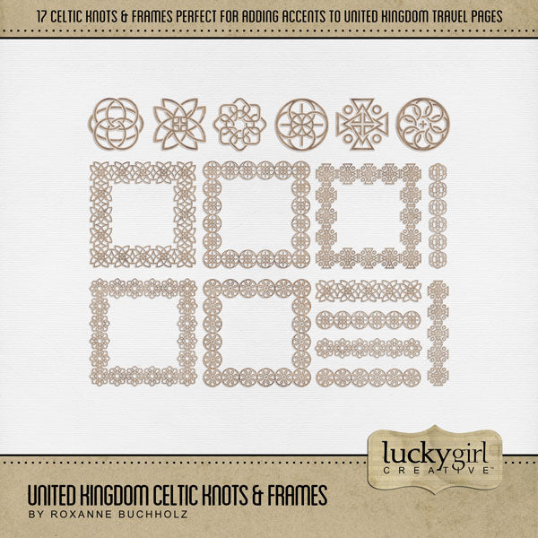 Celebrate the United Kingdom, England, Scotland, Northern Ireland, and Wales with these elegant digital art Celtic knot and frame embellishments by Lucky Girl Creative.