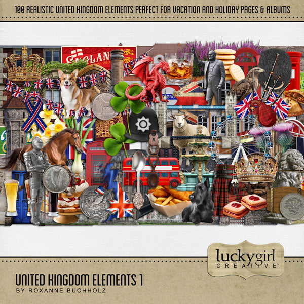 Celebrate the United Kingdom, England, Scotland, Northern Ireland, Wales, and all of Europe with these realistic digital art embellishments by Lucky Girl Creative. Great for adding that historic, vintage, and antique look to all your pages including family heritage and genealogy.