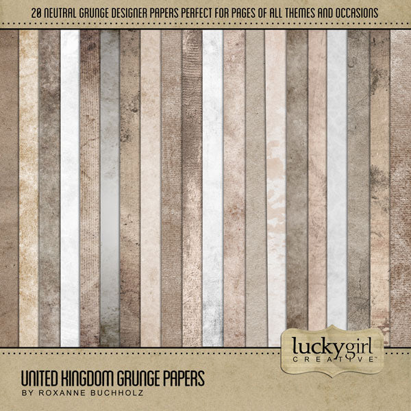 Celebrate the United Kingdom, England, Scotland, Northern Ireland, Wales and all of Europe with these grunge digital papers by Lucky Girl Creative. Great for adding that historic vintage and antique look to all your pages including family heritage and genealogy.