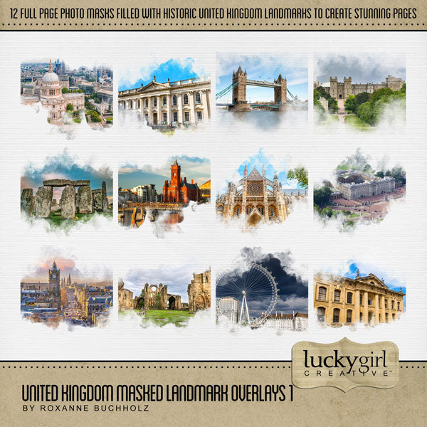 Celebrate the United Kingdom, England, Scotland, Northern Ireland, Wales, and all of Europe with these beautiful scenic masked digital art overlays by Lucky Girl Creative! With transparent edges, these masked photographs blend seamlessly into any background paper and make the perfect backdrop for all travel, vacation, and holiday pages.