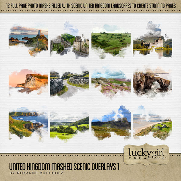 Celebrate the United Kingdom, England, Scotland, Northern Ireland, Wales, and all of Europe with these beautiful scenic masked digital art overlays by Lucky Girl Creative! With transparent edges, these masked photographs blend seamlessly into any background paper and make the perfect backdrop for all travel, vacation, and holiday pages.
