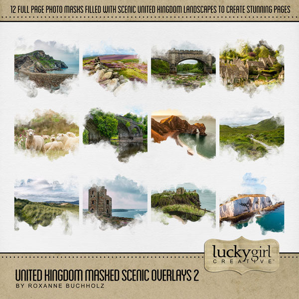 Celebrate the United Kingdom, England, Scotland, Northern Ireland, Wales, and all of Europe with these beautiful scenic masked digital art overlays by Lucky Girl Creative! With transparent edges, these masked photographs blend seamlessly into any background paper and make the perfect backdrop for all travel, vacation, and holiday pages.