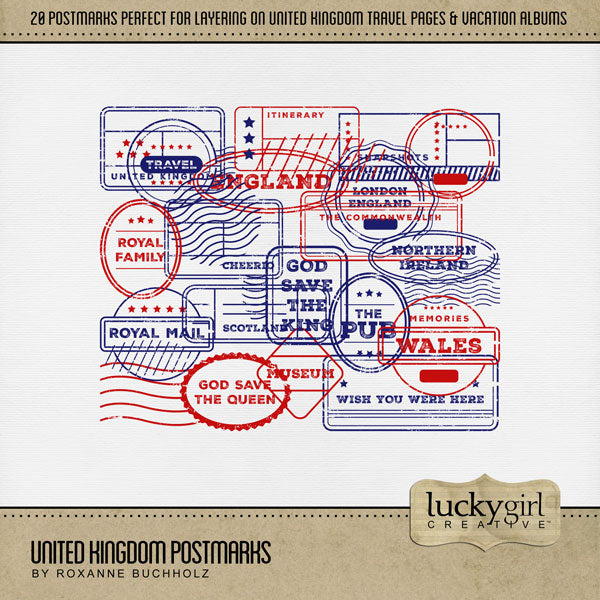 Celebrate the United Kingdom, England, Scotland, Northern Ireland, and Wales with these fun digital postmarks and stamps by Lucky Girl Creative. Great for layering on your vacation and holiday digital pages. Postmarks include Royal Mail, Wish You Were Here, Cheerio, England, God Save the King, God Save the Queen, Itinerary, London England, Museum, Northern Ireland, Royal Family, Scotland, Snapshots, The Commonwealth, The Pub, Travel, United Kingdom, and Wales.