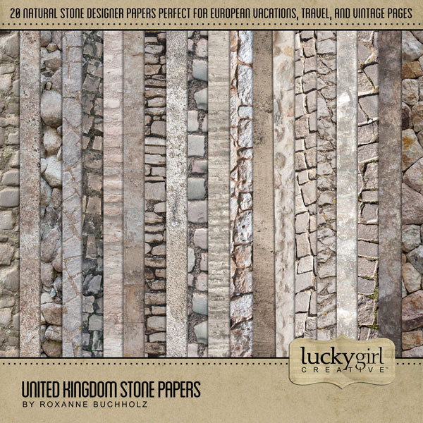 Celebrate the United Kingdom, England, Scotland, Northern Ireland, Wales and all of Europe with these realistic stone digital papers by Lucky Girl Creative. Great for adding that historic vintage and antique look to all your pages including family heritage and genealogy.