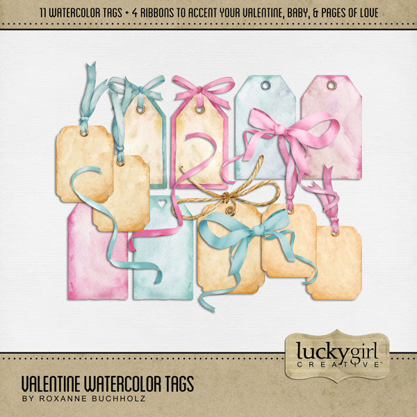 Filled with watercolor embellishments by Lucky Girl Creative digital art, these pretty digital scrapbooking tags and journaling spots will help you document your love story or accent Valentine's Day. Great for baby pages, too! This kit is included in the Valentine Watercolor Bundle.
