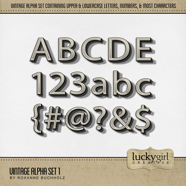 Showcase your family history and genealogy projects with timeless digital art alphabet letters, numbers, and punctuation by Lucky Girl Creative great for scrapbooking titles on pages and in scrapbook albums. Each letter is a neutral tan color with deep dimensional shadows included. The Vintage Alpha Set 1 consists of a full set of digital art uppercase letters A-Z, lowercase letters a-z, numbers 0-9, and most punctuation marks. This alpha set is available as individual embellishments only. 