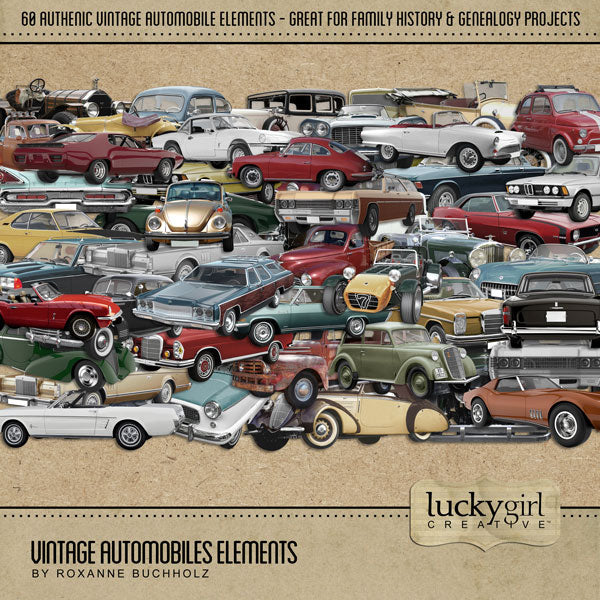 This digital art kit by Lucky Girl Creative is full of vintage automobile embellishments. Made from vintage cars and vehicles, this kit is perfect for recalling family memories and antique car shows.  Embellishments include Packard, BMW, Cadillac, Chevrolet, muscle cars, show cars, Corvette, Ford Mustang, trucks, hot rods, Hudson, Jaguar, Lancia, Lincoln, Mercedes Benz, Mercury, Opel, Peugeot, Porsche, race cars, Rolls Royce, Station Wagons, Triumph, Volkswagen Bug, and Volvo.