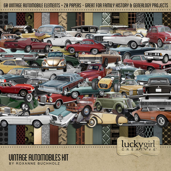 This digital art kit by Lucky Girl Creative is full of vintage automobile embellishments and metal papers. Made from vintage cars and vehicles, this kit is perfect for recalling family memories and antique car shows.  Embellishments include Packard, BMW, Cadillac, Chevrolet, muscle cars, show cars, Corvette, Ford Mustang, trucks, hot rods, Hudson, Jaguar, Lancia, Lincoln, Mercedes Benz, Mercury, Opel, Peugeot, Porsche, race cars, Rolls Royce, Station Wagons, Triumph, Volkswagen Bug, and Volvo.