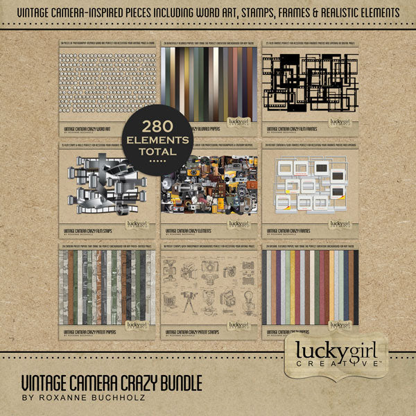 Vintage Camera Crazy Patent Stamps Digital Scrapbook Kit