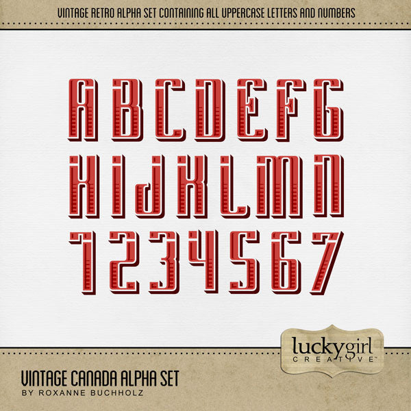 Celebrate your travel memories to Canada with this versatile set of digital scrapbooking red retro alphabet letters and numbers by Lucky Girl Creative digital art that can be used for everyday pages and creating unique page titles. The Vintage Canada Alpha Set consists of a full set of digital art uppercase letters A-Z and numbers 0-9.