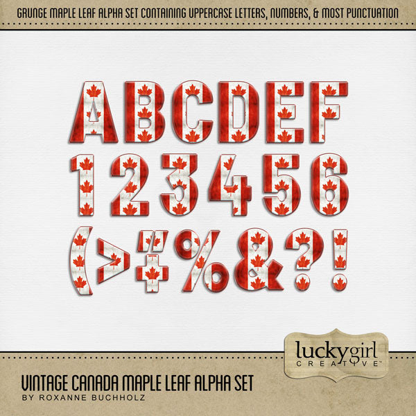 Celebrate your travel memories to Canada with this grunge set of alphabet letters, numbers, and most punctuation by Lucky Girl Creative digital art that can be used for creating unique Canadian page titles. Features a bold maple leaf graphic with red and white stripes.