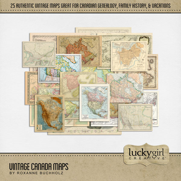 Celebrate your travel memories to Canada with these authentic vintage maps of Canada and it's provinces and territories by Lucky Girl Creative digital art for digital scrapbooking. Great for Canadians, vacations to Canada, and family history and genealogy projects. Map embellishments include Alberta, British Columbia, Manitoba, New Brunswick, Newfoundland and Labrador, Nova Scotia, Ontario, Prince Edward Island, Quebec, Saskatchewan, Nunavut, Northwest Territories, and Yukon.