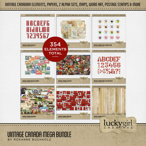 Celebrate your travel memories to Canada with these digital scrapbooking realistic vintage embellishments, versatile papers, flair, ephemera, postage stamps, word art, alpha sets, and more by Lucky Girl Creative digital art! Great for Canadians, vacations to Canada, and family history and genealogy projects. Layer with your favorite photos and papers to create a warm and authentic scrapbooking look.