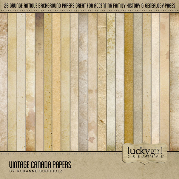 Travel and explore Canada with these warm, antique digital scrapbooking background papers by Lucky Girl Creative digital art. Great for family history and genealogy projects. Neutral enough for everyday use, too.